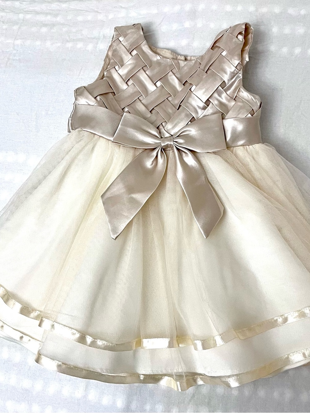Rare Editions Champagne Satin Basketweave Bodice Tulle Dress with Bow